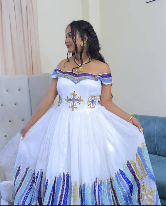 White Ethiopian Wedding Dress with Royal purple Tibeb – Off-Shoulder Habesha Kemis