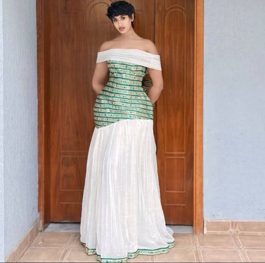 White & Green Habesha Kemis – Modern Ethiopian Dress with new design