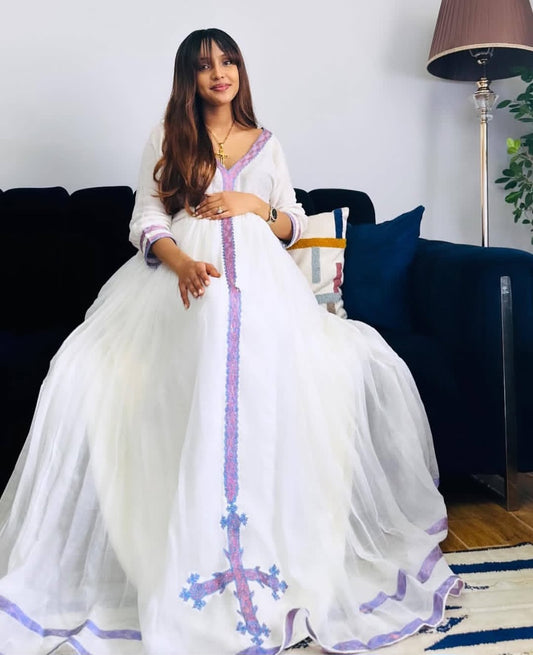 White Habesha dress with purple Tibeb – Ethiopian holiday or Event Dress
