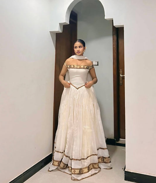 Elegant Habesha Dress with Gold Trim – Off-Shoulder Style