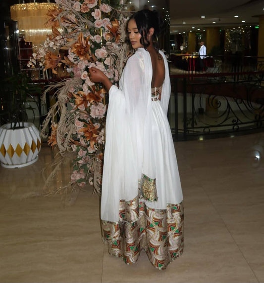 Classic Habesha Kemis with brown Tibeb - Authentic Ethiopian Dress