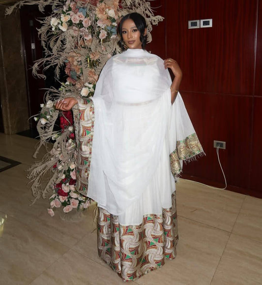 Classic Habesha Kemis with brown Tibeb - Authentic Ethiopian Dress