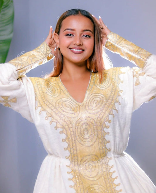 Elegant Habesha Kemis with Gold Cross Embroidery – Authentic Ethiopian Traditional Dress
