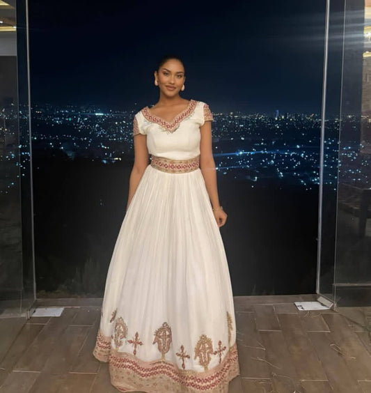Modern Habesha Dress with pink Tibeb – Ethiopian Traditional Dress