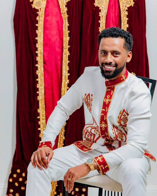White Habesha Men's Shirt with Red & Gold Tibeb – Bold Front Embroidery