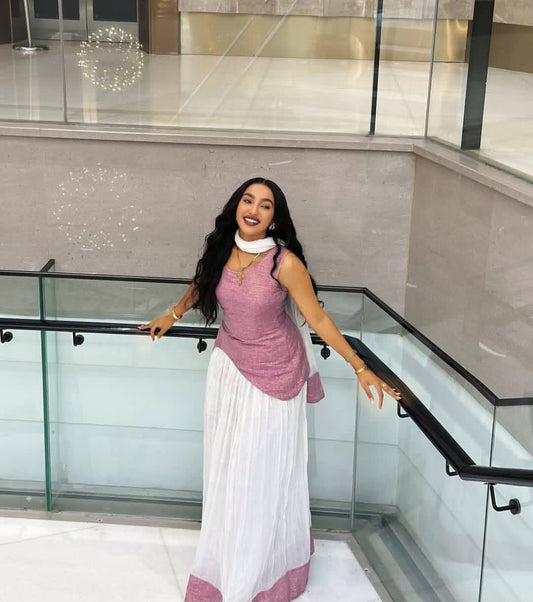 Modern Asymmetrical Habesha Dress with Pink Tibeb – Stylish Ethiopian Traditional Outfit