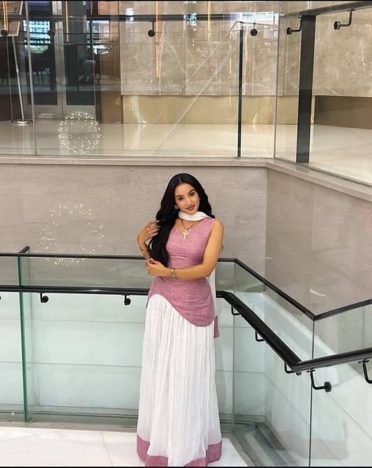 Modern Asymmetrical Habesha Dress with Pink Tibeb – Stylish Ethiopian Traditional Outfit
