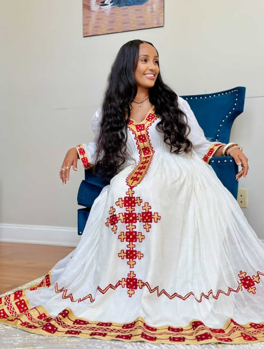 Classic simple Habesha Kemis with Red Tibeb – Authentic Ethiopian Dress