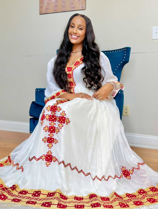 Classic simple Habesha Kemis with Red Tibeb – Authentic Ethiopian Dress