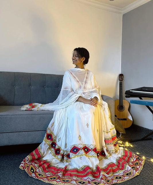 Handwoven Habesha Dress with Red & Gold Squares – Ethiopian Style