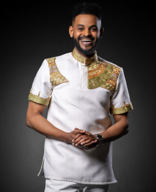 White Habesha Men's Shirt with Green & Gold Chest Embroidery – Short Sleeve Contemporary
