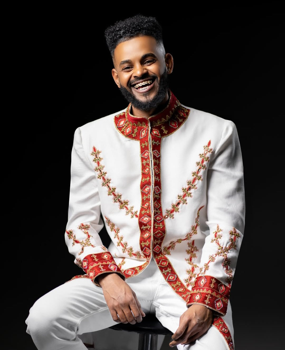 Habesha Men's shirt with Red Floral Tibeb – Regal Ethiopian Attire for Grooms