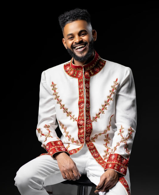 Habesha Men's shirt with Red Floral Tibeb – Regal Ethiopian Attire for Grooms