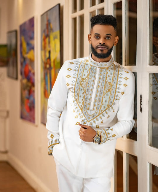 White Habesha Men's Shirt with Gold & Silver Embroidery – Ornate Chest Design