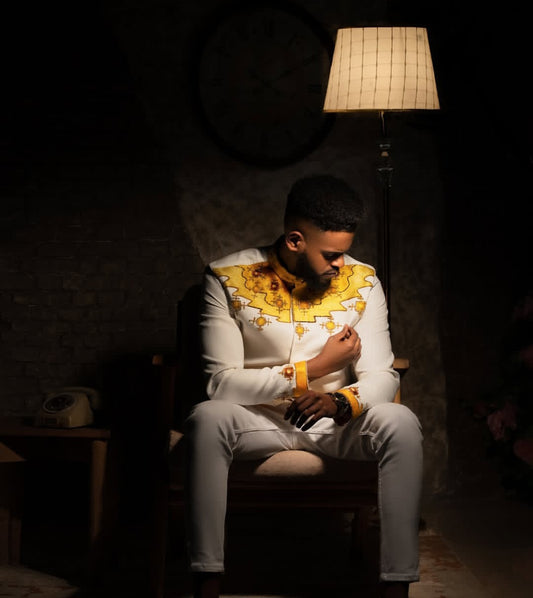 White Habesha Men's Shirt with Yellow & Gold Geometric Embroidery – Statement Shoulder & Collar