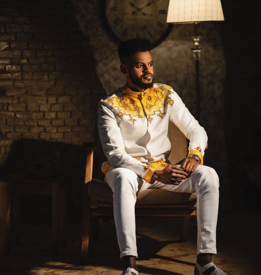White Habesha Men's Shirt with Yellow & Gold Geometric Embroidery – Statement Shoulder & Collar