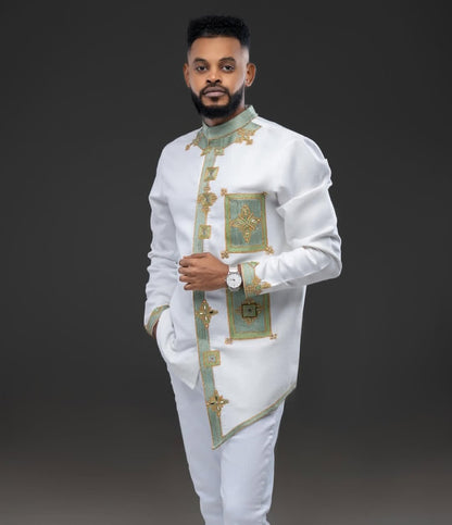 Habesha Men's Outfit with Green and Gold Tibeb – Stylish Ethiopian Traditional Shirt