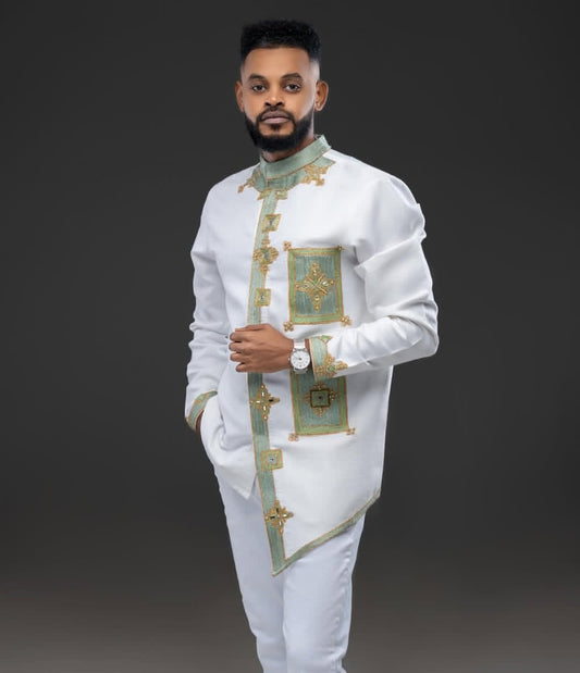 Habesha Men's Outfit with Green and Gold Tibeb – Stylish Ethiopian Traditional Shirt