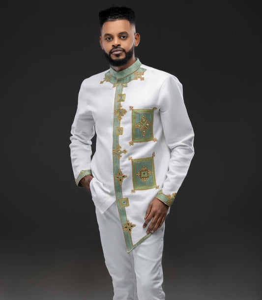 Habesha Men's Outfit with Green and Gold Tibeb – Stylish Ethiopian Traditional Shirt