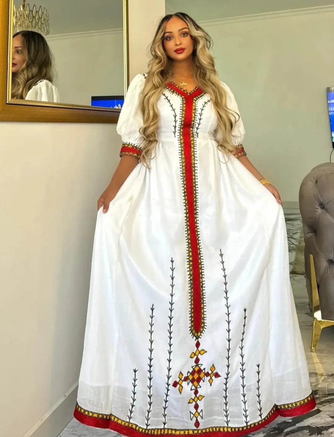 Modern Ethiopian Dress with Red & Gold Trim – Chic Habesha Kemis