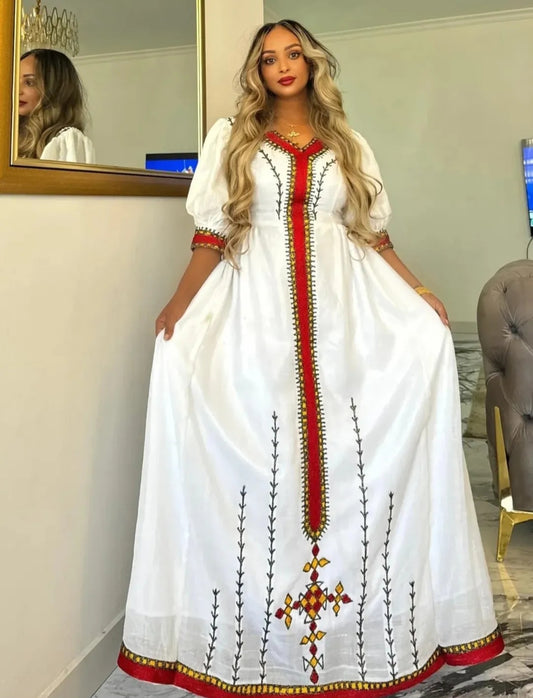Modern Ethiopian Dress with Red & Gold Trim – Chic Habesha Kemis