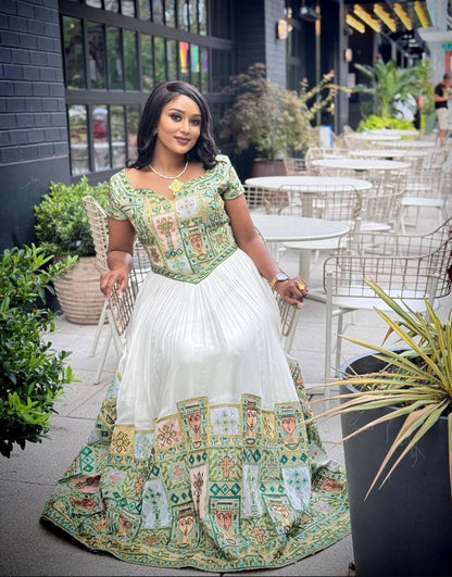 Modern Ethiopian Wedding Dress with Green Tibeb – Unique Habesha Dress