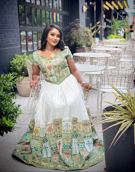 Modern Ethiopian Wedding Dress with Green Tibeb – Unique Habesha Dress