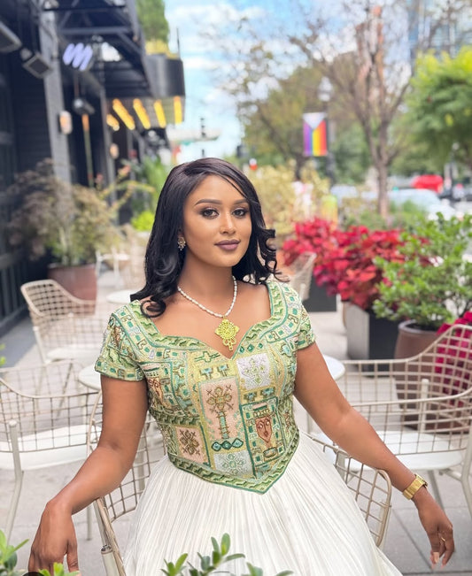 Modern Ethiopian Wedding Dress with Green Tibeb – Unique Habesha Dress