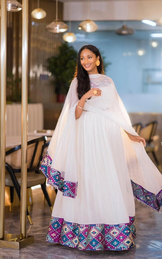 Vibrant Habesha Dress with  Purple Tibeb – Unique Ethiopian Traditional Dress