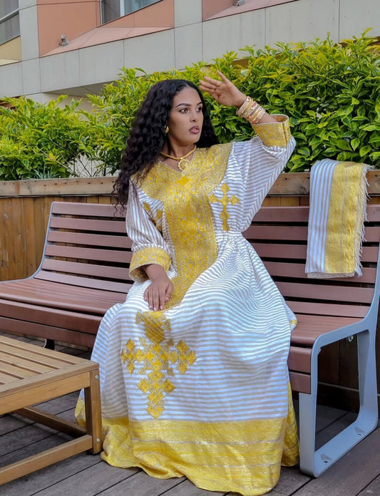 Authentic Habesha Dress with Yellow Tibeb – Elegant Ethiopian Kemis