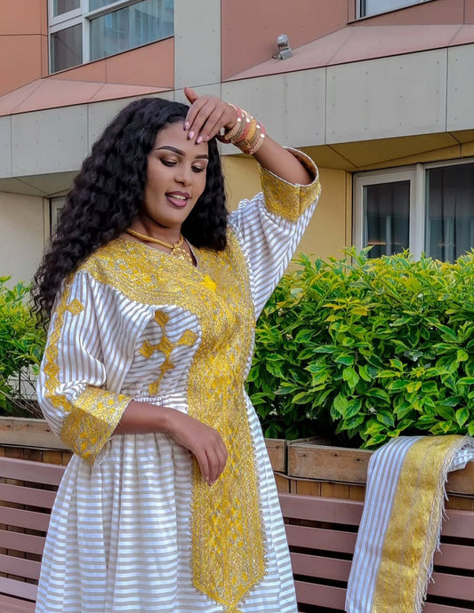 Authentic Habesha Dress with Yellow Tibeb – Elegant Ethiopian Kemis
