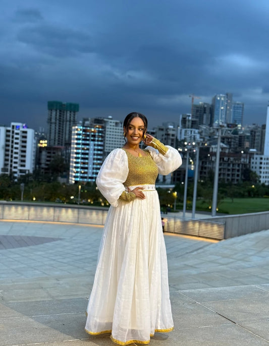 Ethiopian Dress with Royal Gold Tibeb – Modern Habesha Kemis