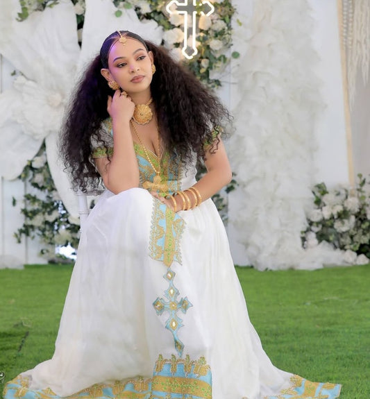 Regal Habesha Kemis with Gold Tibeb – Authentic Ethiopian Dress for Celebrations