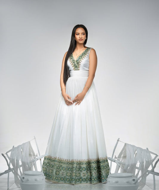 Serene Habesha Kemis with Green Tibeb – Modern Ethiopian Traditional Dress