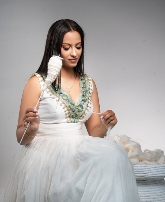 Serene Habesha Kemis with Green Tibeb – Modern Ethiopian Traditional Dress