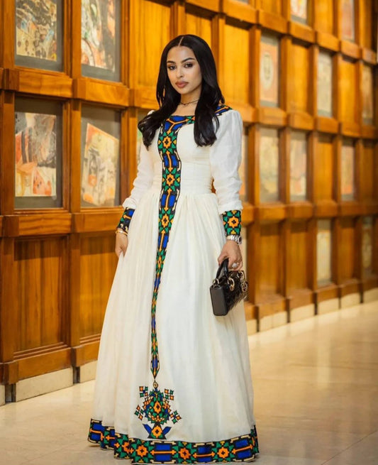 Colorful Habesha Dress with Modern Tibeb – Handwoven Ethiopian Kemis