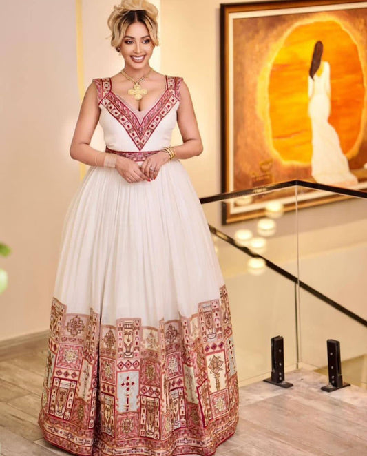 Regal Habesha Dress with Red Tibeb – Classic Handwoven Ethiopian Kemis