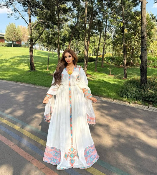Modern Ethiopian Dress with Colorful Tibeb – Habesha Kemis for Diaspora
