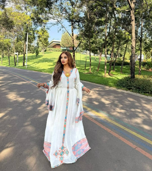 Modern Ethiopian Dress with Colorful Tibeb – Habesha Kemis for Diaspora
