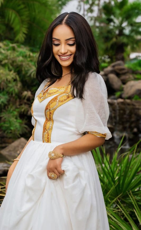 Habesha Dress – Elegant White Ethiopian Kemis with Gold Embroidered Tilet