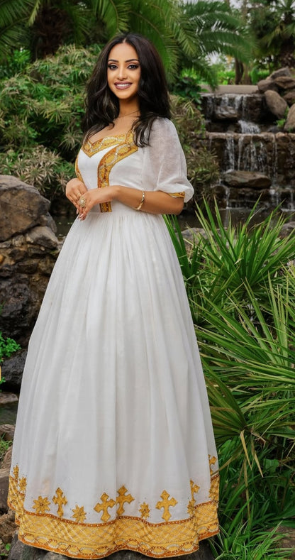 Habesha Dress – Elegant White Ethiopian Kemis with Gold Embroidered Tilet