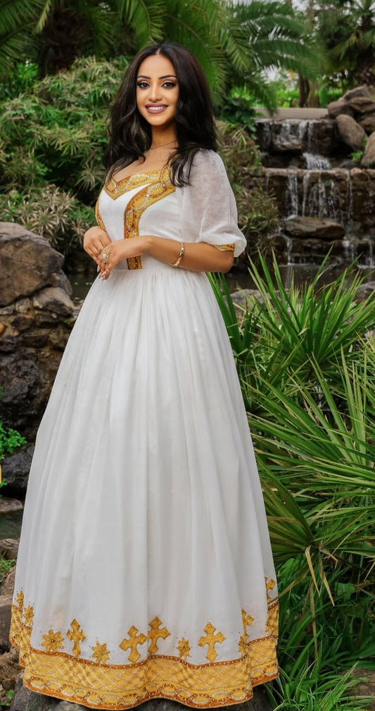 Habesha Dress – Elegant White Ethiopian Kemis with Gold Embroidered Tilet