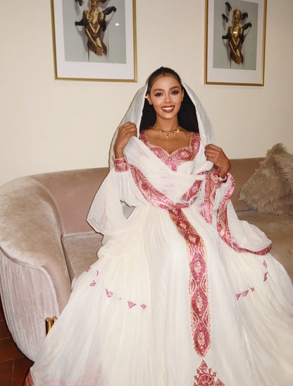Ethiopian Traditional Dress with Pink Embroidery – Authentic Habesha Kemis