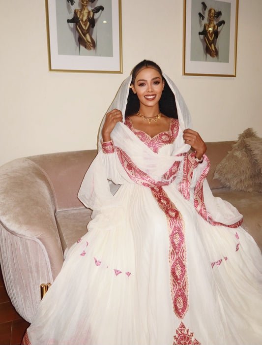 Ethiopian Traditional Dress with Pink Embroidery – Authentic Habesha Kemis