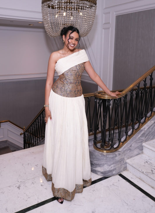 Habesha Dress - Ivory Wedding Attire with brown Detailing