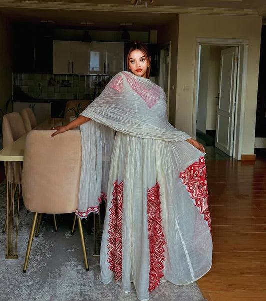 Habesha Dress - Elegant Red Ethiopia habesha wear Hand-Embroidered Dress