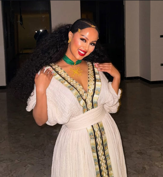 Habesha Dress - White Cotton Kemis with Gold Borders for Weddings