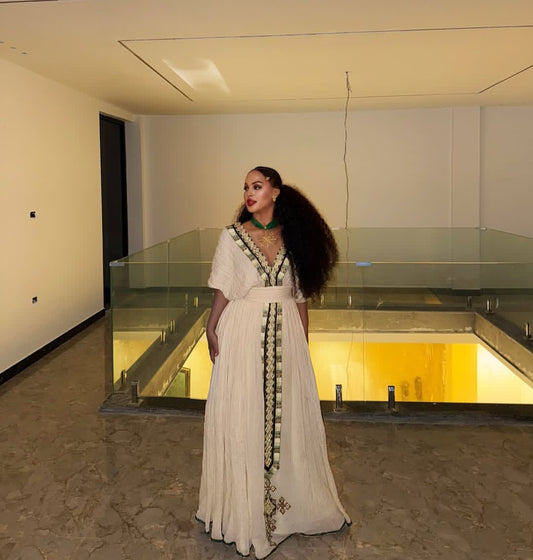Habesha Dress - White Cotton Kemis with Gold Borders for Weddings