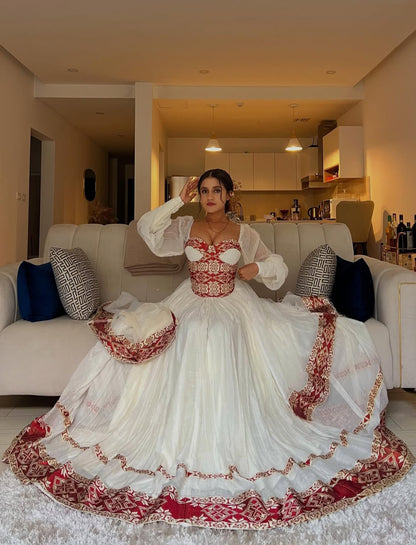 Habesha Dress - Handmade White with Red Embroidery & Netela