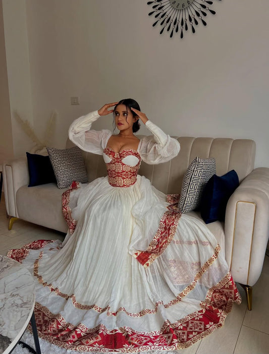 Habesha Dress - Handmade White with Red Embroidery & Netela
